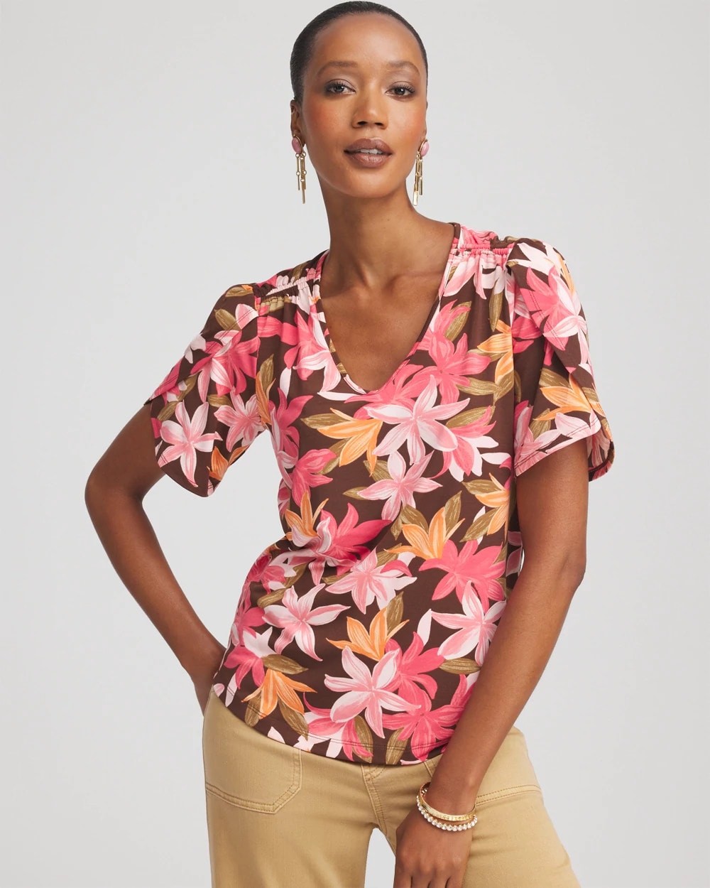 Floral Petal-Sleeve Voop Neck Tee | Chico's